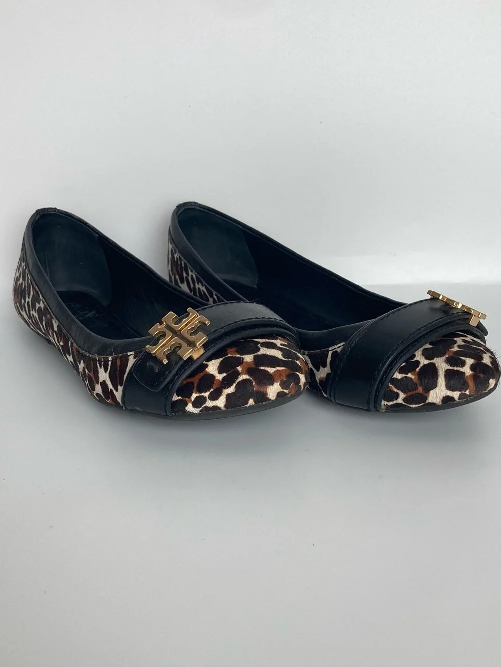 Tory Burch Eloise Black Leather & Leopard Print Cap-Toe Ballet Flats